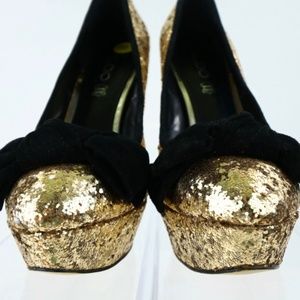 Aldo Mcintyde Gold Glitter Black Bow Stiletto Heels Pumps Shoes Platform 38 US 8